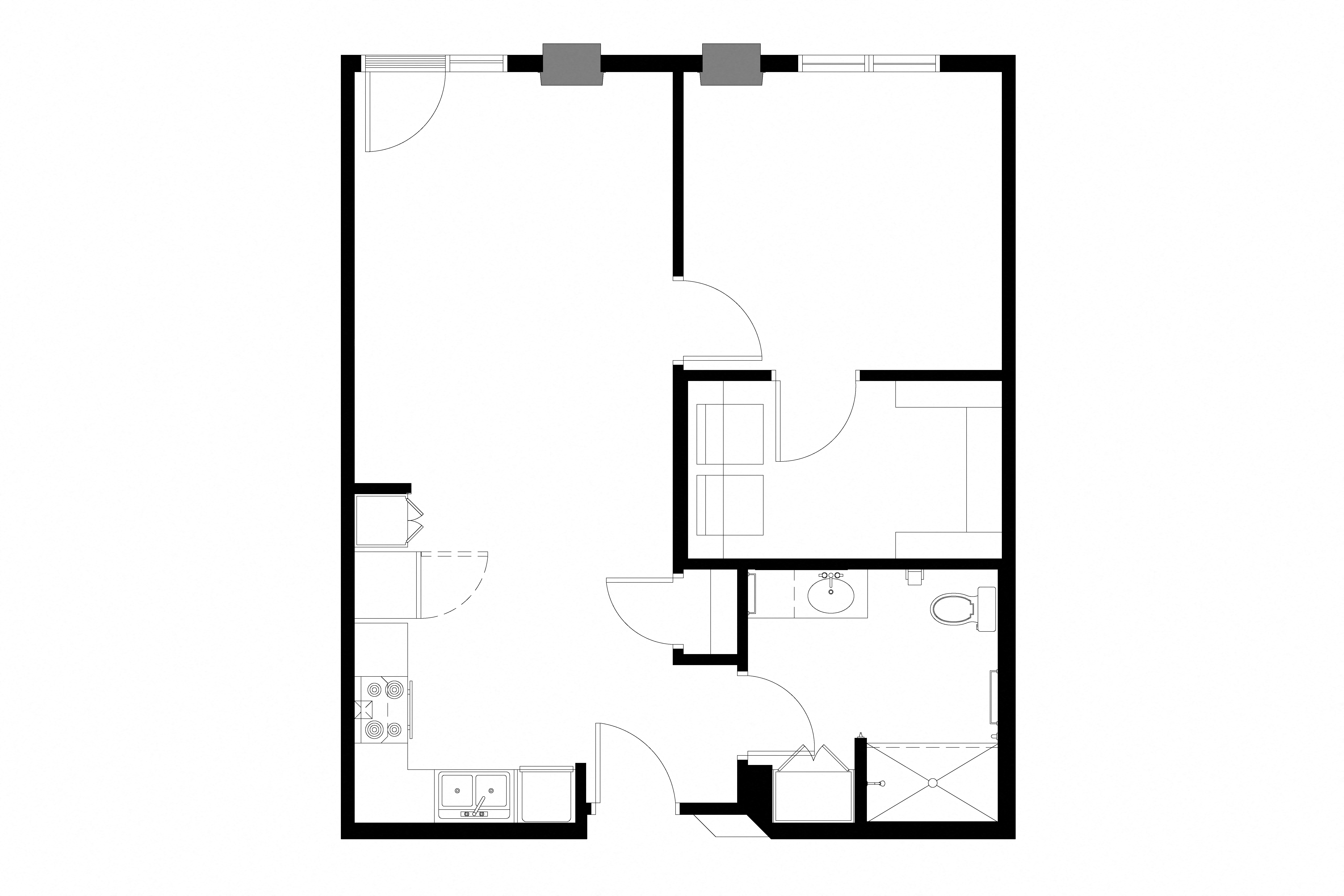 Floor plan for 1 bed, 1 bath, 719 sqft